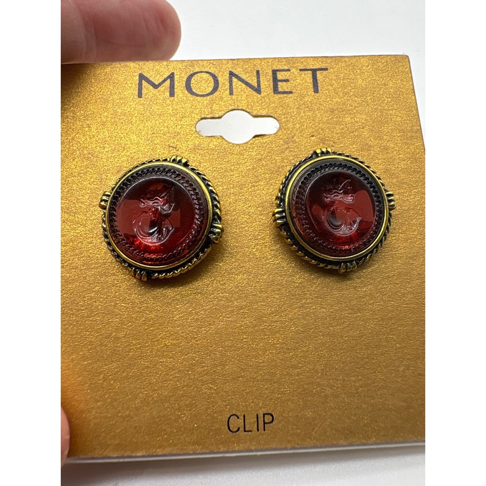 Monet Vintage Red Glass Intaglio Cameo Clip On Earrings Gold Tone Round Ornate